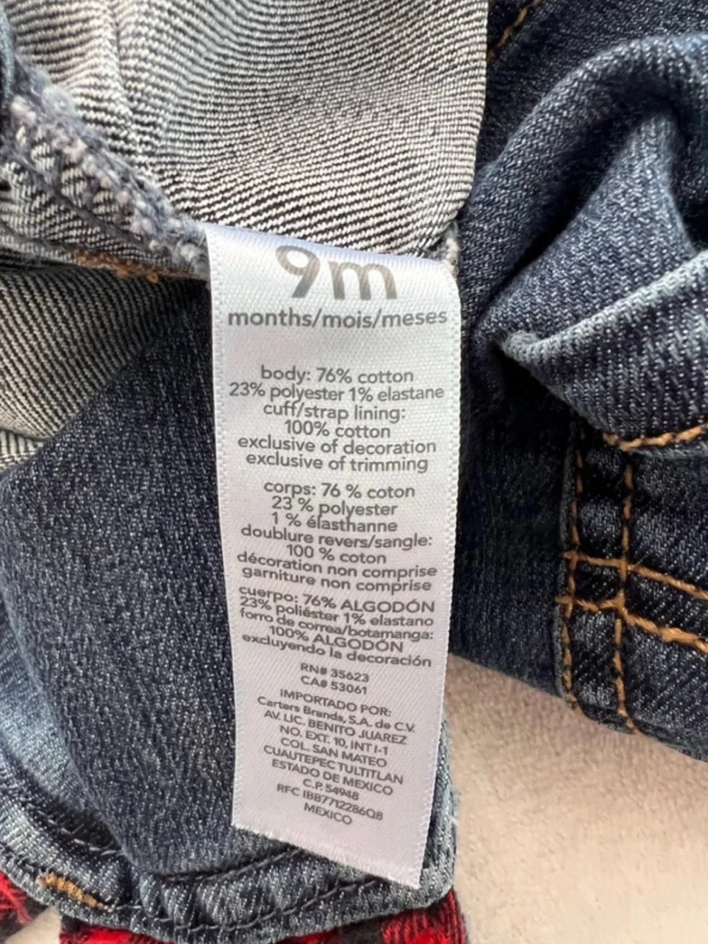 Carter's Kid Denim Overalls with Red Plaid Lining 9 Months